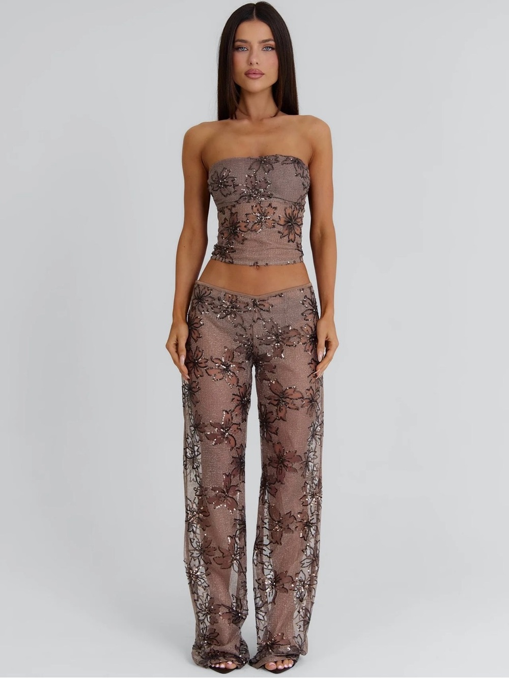 Outcast Jocelynn Pants Taupe Sheer Sequins Floral Festival Sz M NWT New